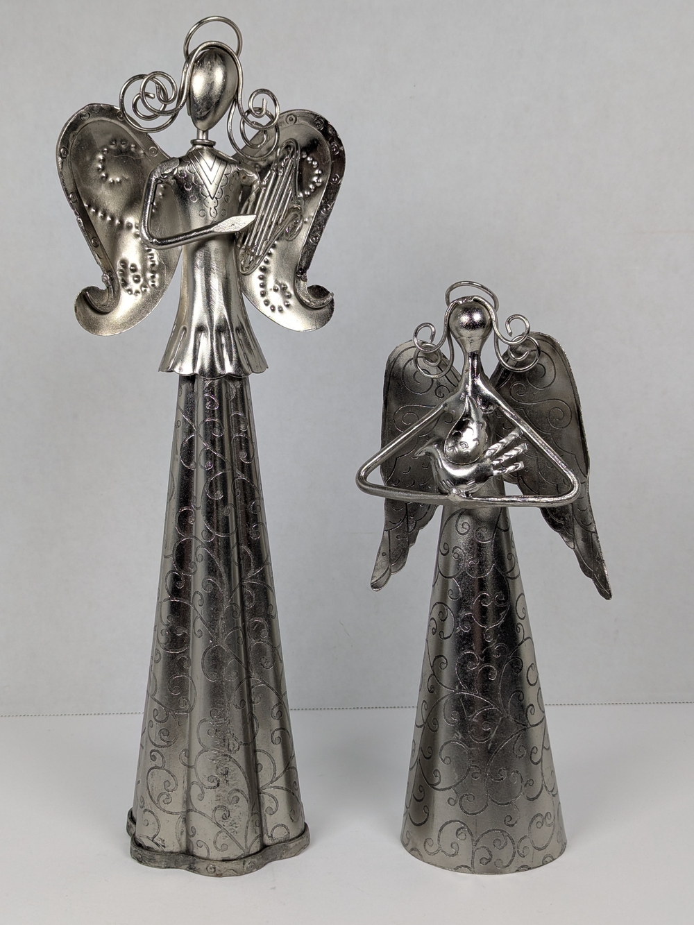Vintage Handmade Metal Angel Figurines Pair Harp & Dove Silver Tone Folk Art 14"